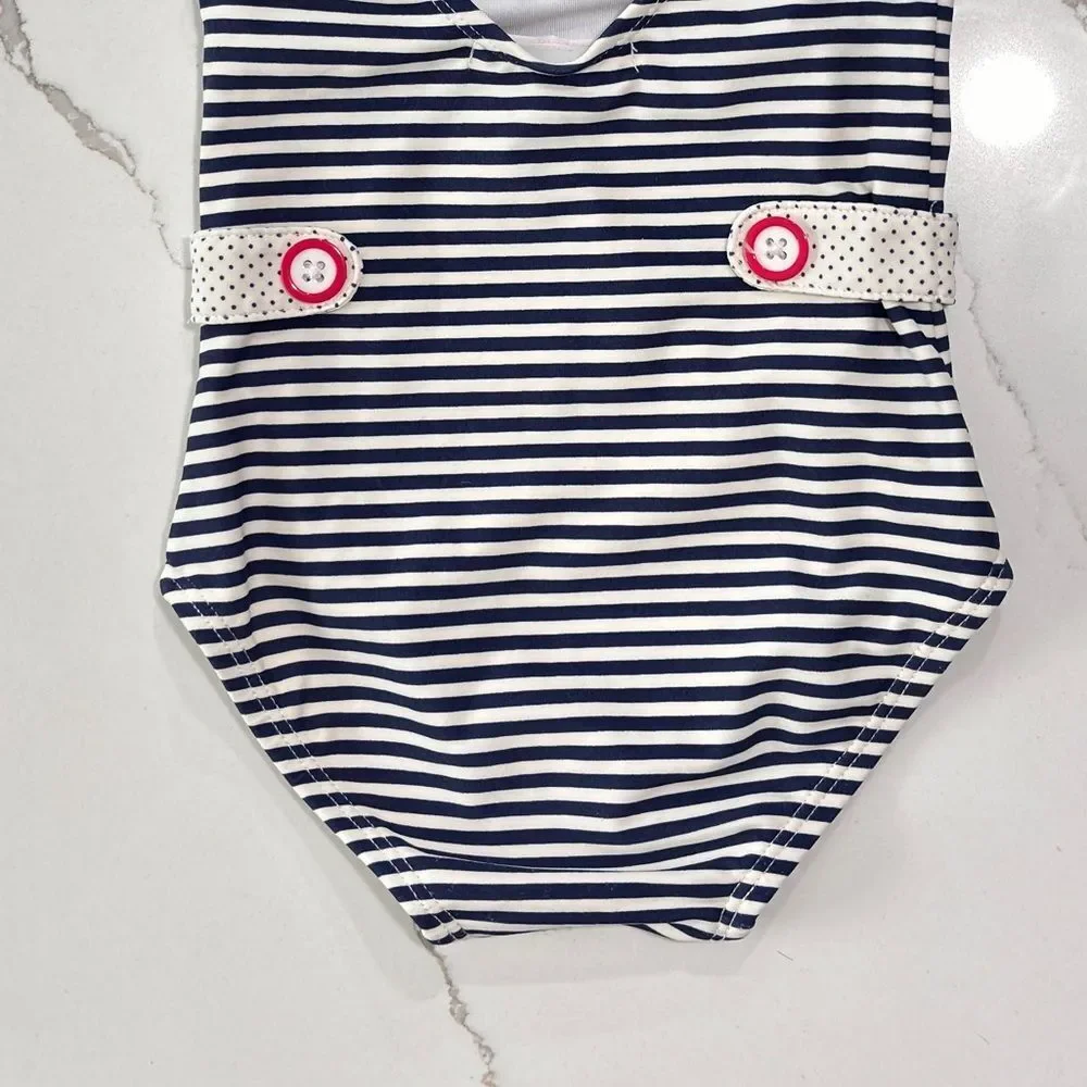 Janie And Jack One-Piece Swimsuit Nautical Stripes Polka Dot Buttons Size 12-18M